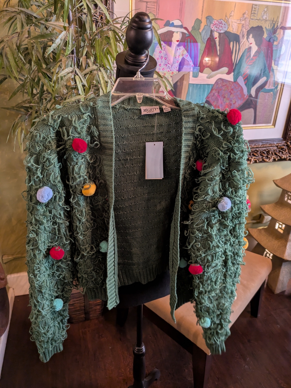 Mighty Fine Forest Green Christmas Loop-Knit Cardigan with Multicolor Pom-Poms